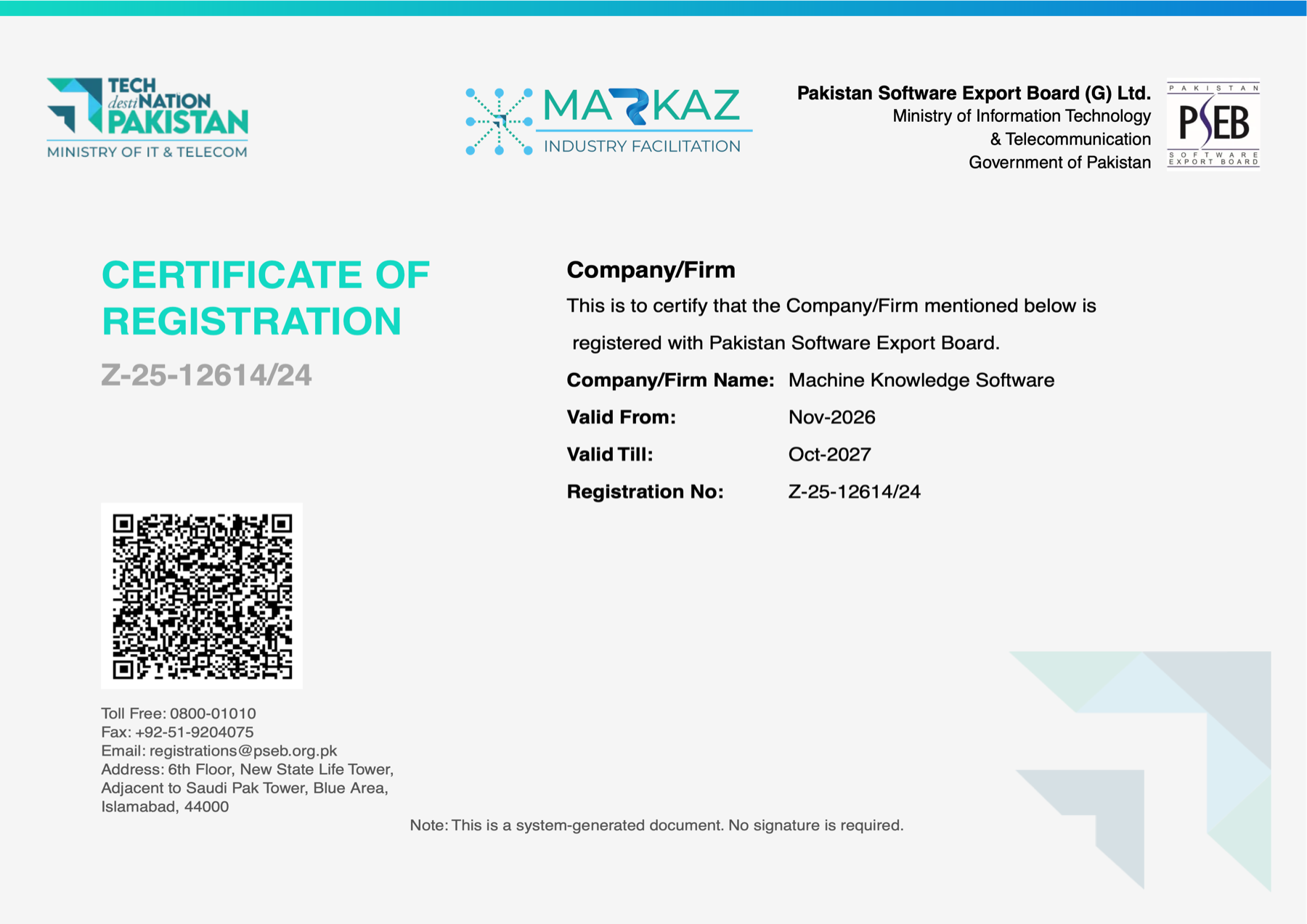 PSEB certificate of registration for Machine Knowledge Software, number Z-25-12614/24